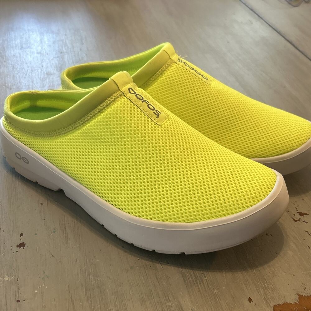 Oofos Oocoozie Sport Mule Neon Yellow Green Womens Sz 10 Mesh Slip On Shoe